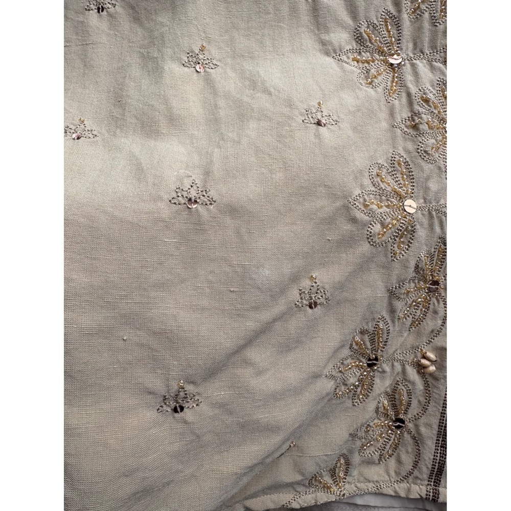Vintage Womens 10 Silk Linen Midi Skirt Tan Embroidered Beaded Sequin A-Line - Picture 6 of 10